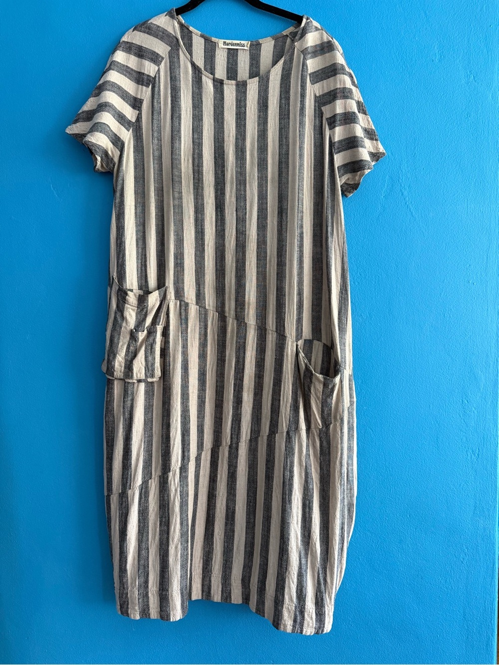 Mordenmiss Linen Cotton Stripe Pocket Dress
